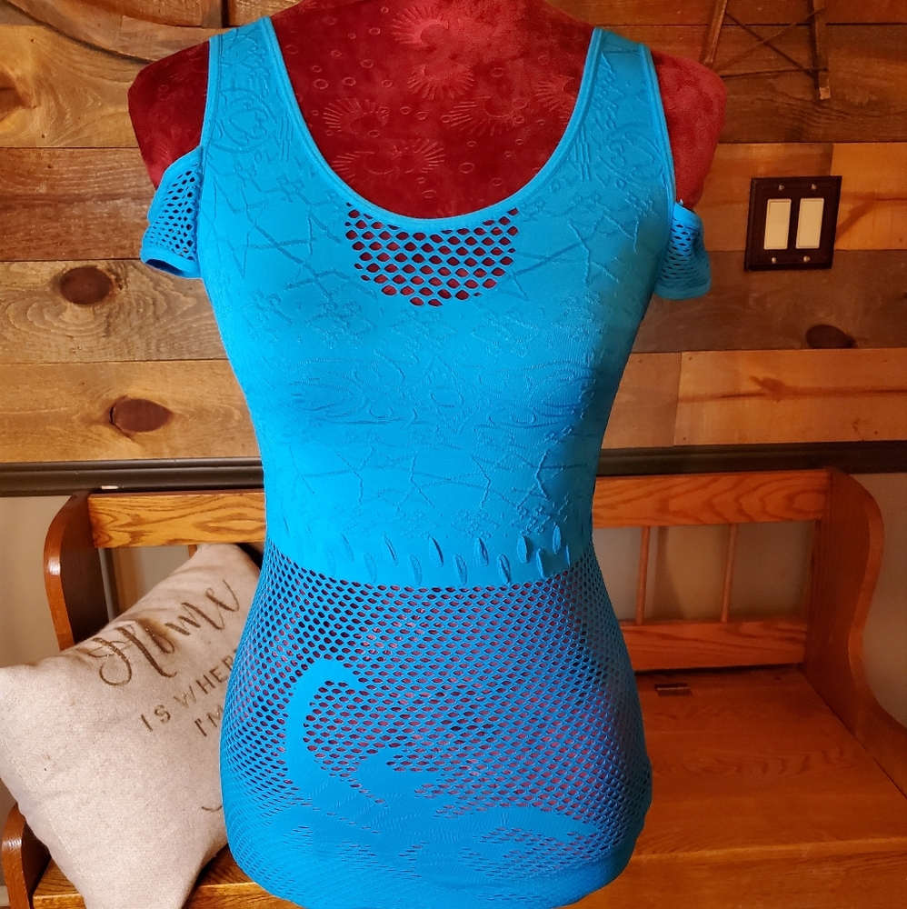 Fabric & Fabric Blue Cold Shoulder Tank Top w/ Netting & Design Accent